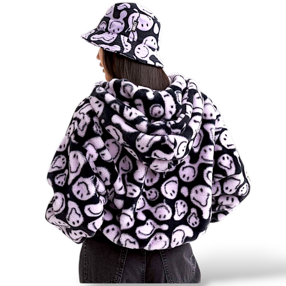 HM x Smiley	 NWOT limited edition lavender black faux fur boxy full zip hoodie M